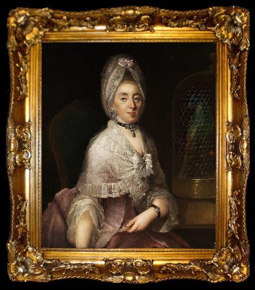 framed  Johann Carl Loth Portrait einer Dame mit Papageienkafig, ta009-2